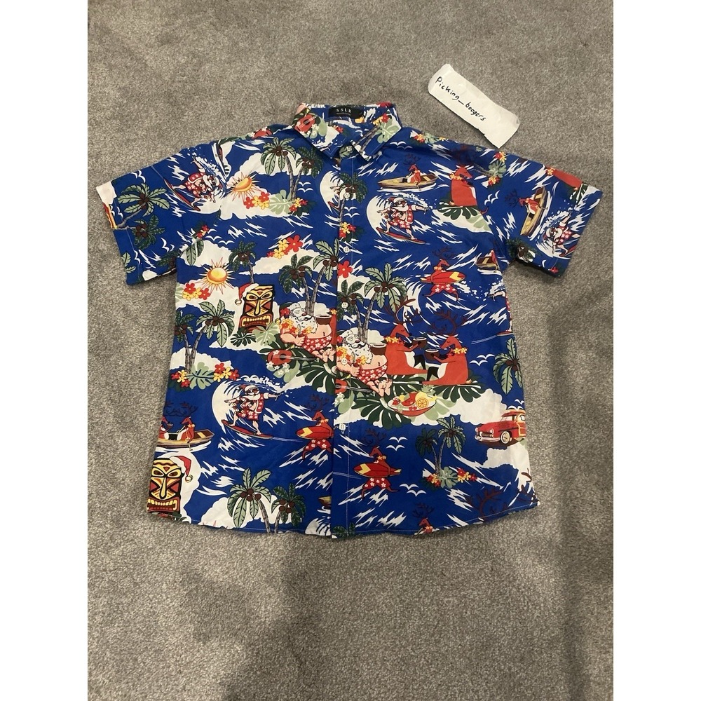 SSLR Surfing Santa Blue Christmas Button Short Sleeve Shirt Size L